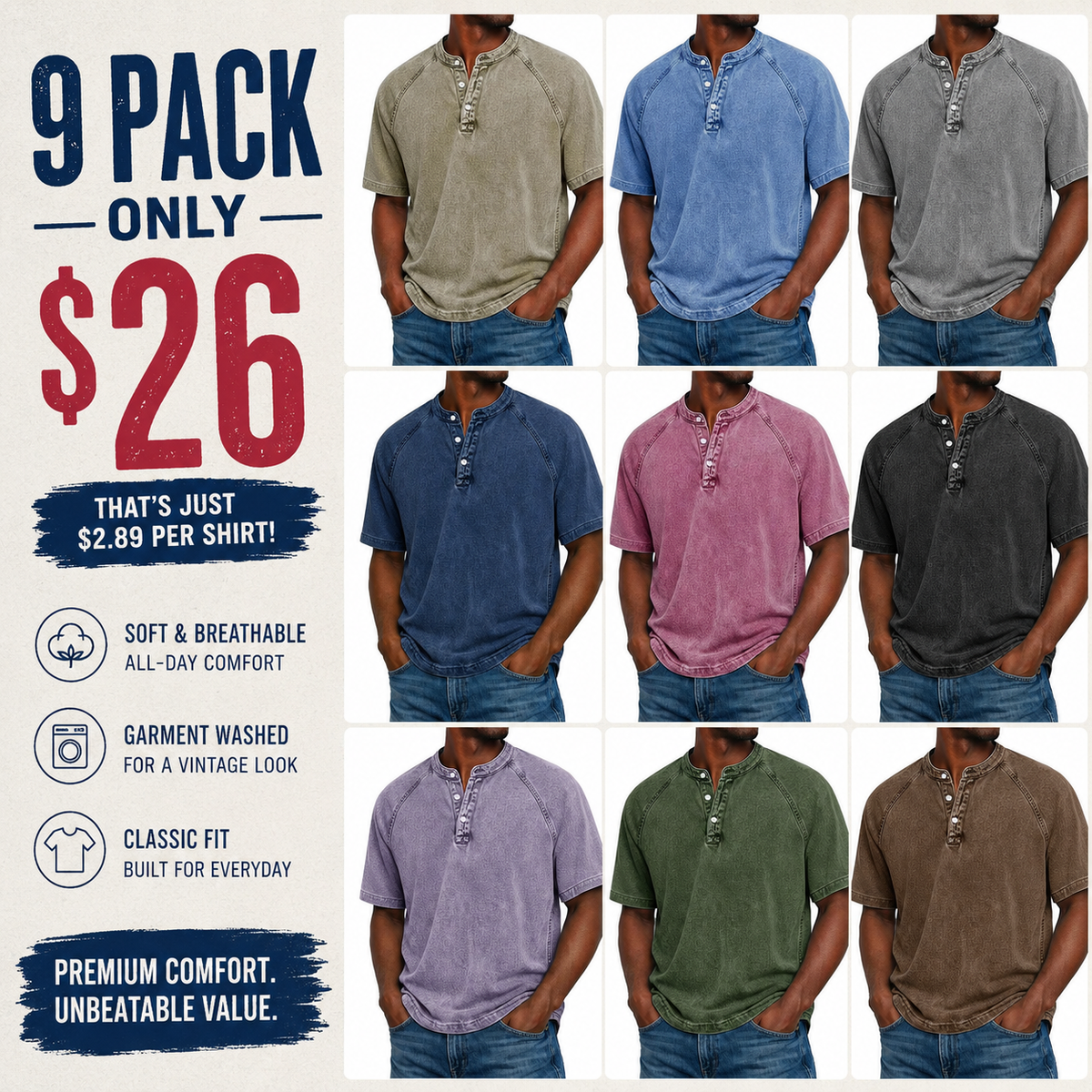Men's Casual Band Collar Short Sleeve Shirt