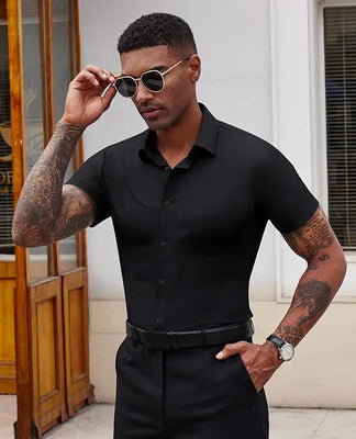 Men's Stretch ShortSleeve Dress Shirt|slimFit Business CasualButton Down