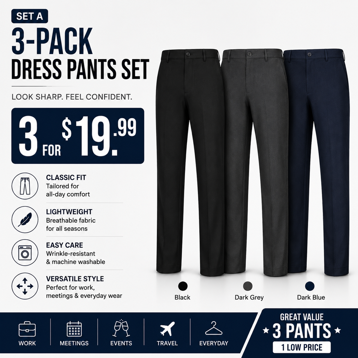 Men's Stretch Dress Pants – No Iron, Wrinkle-Resistant Business Casual Golf Pants with Expandable Waist