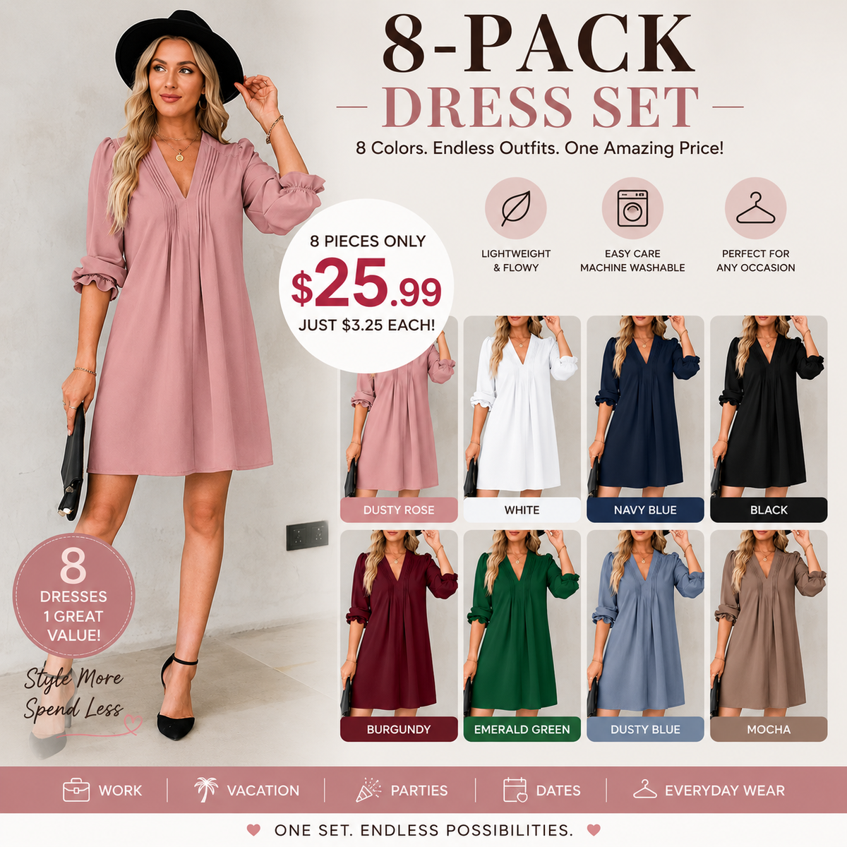 Women's Casual V-Neck A-Line Dress – Ruffle Sleeve Pleated Flowy Midi Dress