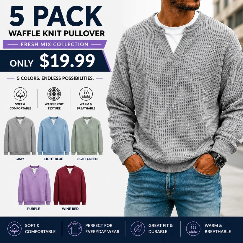 Men's Layered Comfort Waffle Knit Pullover – Soft Thermal Long Sleeve Sweater