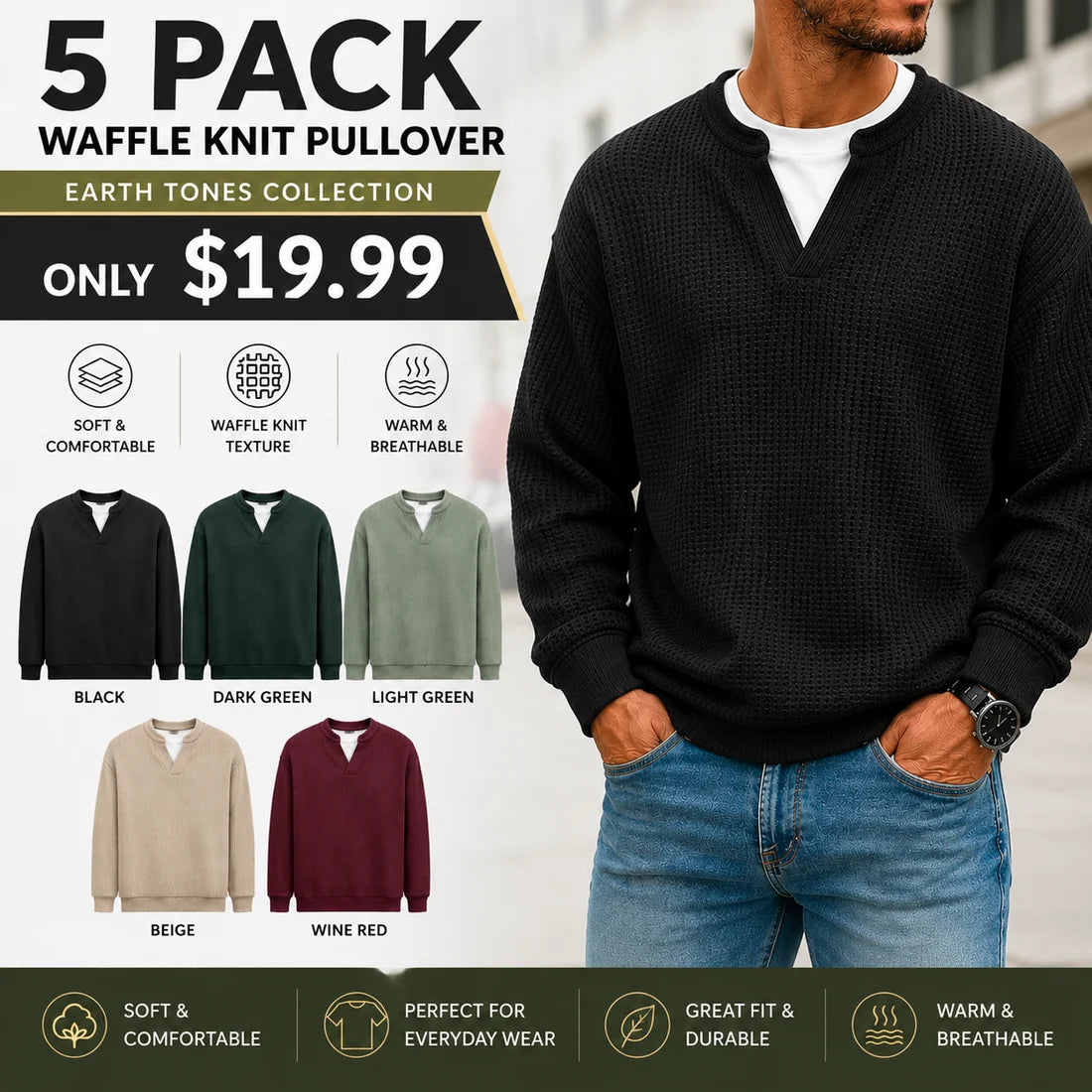 Men's Layered Comfort Waffle Knit Pullover – Soft Thermal Long Sleeve Sweater