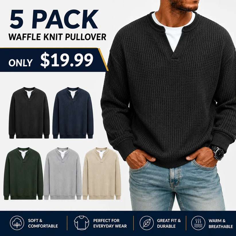Men's Layered Comfort Waffle Knit Pullover – Soft Thermal Long Sleeve Sweater