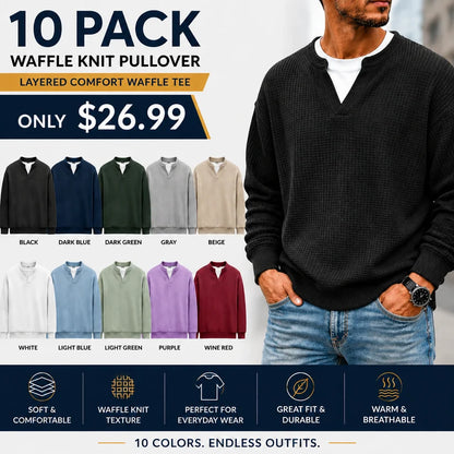 Men's Layered Comfort Waffle Knit Pullover – Soft Thermal Long Sleeve Sweater