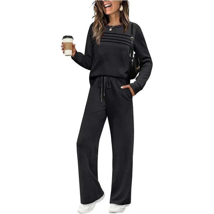 Women's Crew Neck Top& Drawstring Pants Set